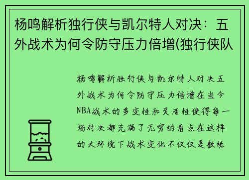 杨鸣解析独行侠与凯尔特人对决：五外战术为何令防守压力倍增(独行侠队主教练卡莱尔)